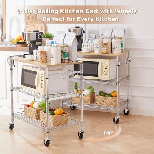 3 Tier Rolling Kitchen Cart with Wood Tabletop, Kitchen Island Carts with Wheels & Slider Shelf, Microwave Cart on Wheels, Coffee Cart with Hooks, 35.4" L*18.1" W*31.9" H，Wood+Chrome