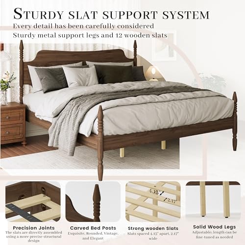 Vintage Wood King Bed Frame, Traditional Spindle Platform Bed with Tall Headboard, Walnut Antique Style 4-Poster Design, Under Bed Storage, No Box Spring Needed (Walnut, King)