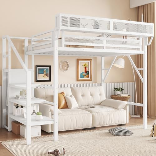 KEIKI Twin Size Metal Loft Bed Frame with Convertible Staircase, Built-in Storage Shelves & Wardrobe, Loft Bed with Solid Slats & Guardrail, No Box Spring Required, Easy Assembly, for Bedroom, White