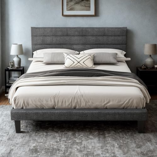 VINGLI Platform Bed Frame Queen Size with Linen Fabric Headboard,Modern Panel Low Profile Bed with Upholstered & Sturdy Slats Support for Bedroom, Mattress Foundation, Dark Gray