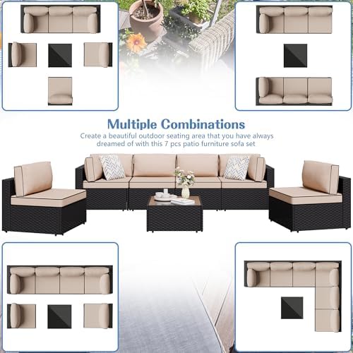 Shintenchi 7 Piece Outdoor Patio Furniture Set with Black PE Rattan, Khaki