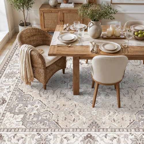 Living Room 12x12 Square Area Rug: Stain Resistant Washable Beige Vintage Rug Low-Pile Soft Floor Carpet for Bedroom Playroom Indoor Non Slip Boho Home Decor Mat for Office Dining Room(12x12，Beige)