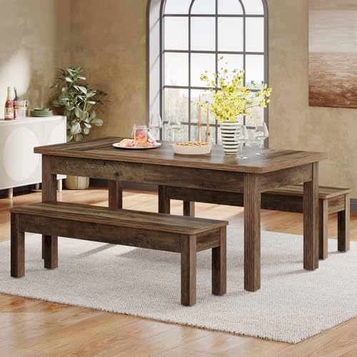 Tribesigns Farmhouse Kitchen Table Set for 4-6, 55-Inch Wooden Dining Table with 2 Benches, Space Saving 3 Pieces Heavy Duty Dinette for Dining Room, Kitchen, Small Space (Wood Hemp)