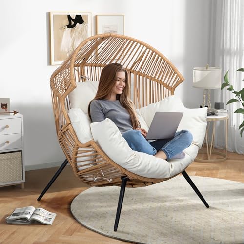 Shintenchi Wicker Egg Chair Outdoor Rattan Patio Chair with Cushion, Oversized Patio Lounge Chairs Egg Basket Chair, Egg Seat for Indoor Living Room Bedroom Outside Patio Backyard Balcony