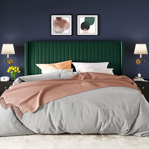 Allewie King Size Bed Frame/Velvet Upholstered Platform Bed/Vertical Channel Tufted Wingback Headboard/Strong Wooden Slats/No Box Spring Needed/Easy Assembly/Green