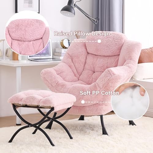 Tiita Lazy Chair with Ottoman, Comfy Reading Accent Chair, Plush Pink