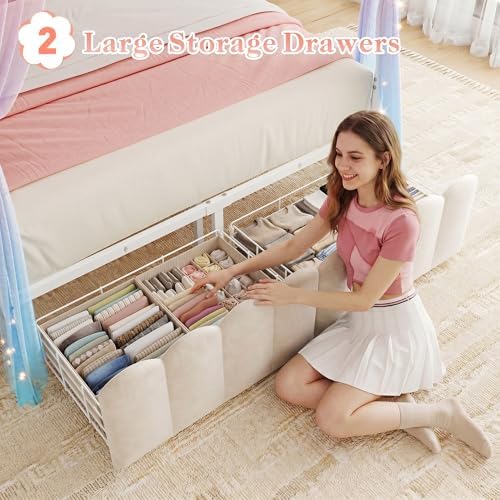 Homkdom Full Canopy Bed Frame with 2 Drawers & LED & Charging,White