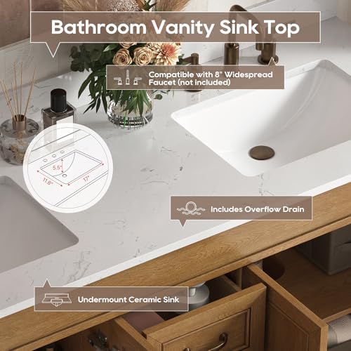 60 Inch Bathroom Vanity with Double Sink Combo, Light Walnut | Classic Cabinet with Countertop & Backsplash, Solid Wood Frame with Soft Closing Doors & 3 Dovetail Drawers, Ceramic Sink