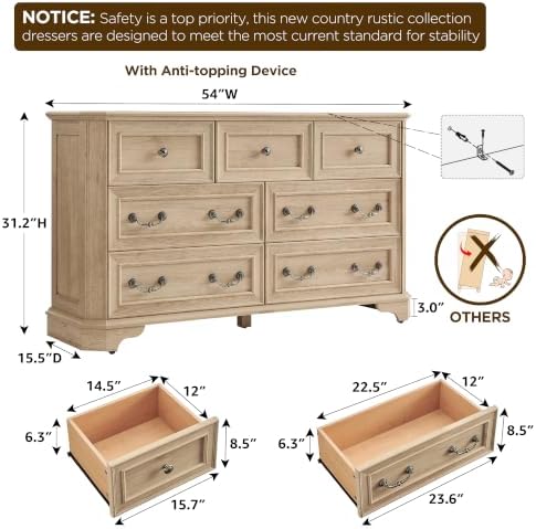 T4TREAM Farmhouse 7 Drawers Dresser for Bedroom, 54" Wide Wood Rustic Chest of Drawers with Natural Texture, Vintage Design, Storage Dressers Organizer for Bedroom, Living Room, Hallway, Natural Oak