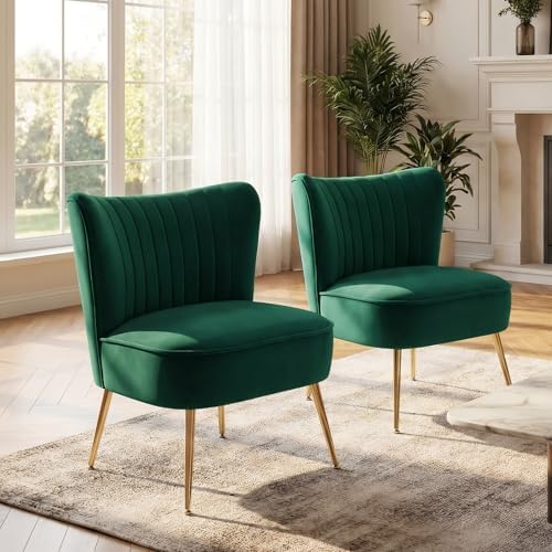 DUOMAY Modern Accent Chair Set of 2 Velvet Slipper Chair with Gold Legs Wingback Side Chair for Living Room Bedroom Entryway Small Corner Chair for Space Saving, Green