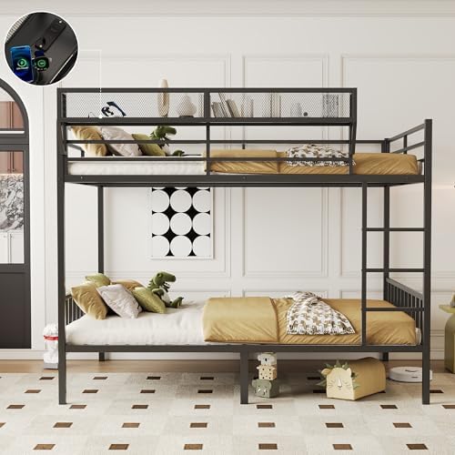 Queen Over Queen Metal Bunk Bed with Storage Shelf & USB Charging