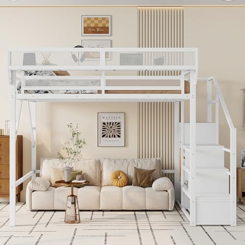 KEIKI Queen Size Metal Loft Bed Frame with Convertible Staircase, Built-in Storage Shelves and Wardrobe, Loft Bed with Solid Slats, Guardrail, No Box Spring Required, Easy Assembly, for Bedroom, White