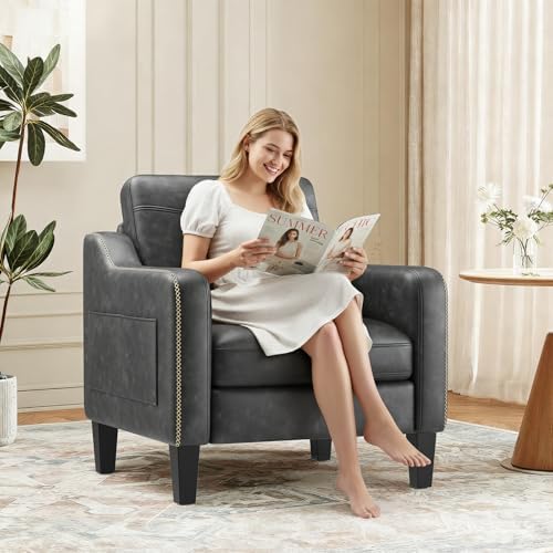MALOL PU Leather Accent Chair Set of 2 with Solid Wood Frame, Black