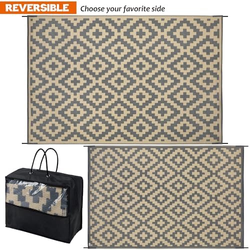 SAND MINE 6 x 9 Ft Reversible Mats, Plastic Straw Rug, Modern Area Rug, Large Floor Mat and Rug for Outdoors, RV, Patio, Backyard, Deck, Picnic, Beach, Trailer, Camping, Grey & Tan