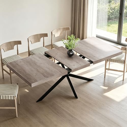 Extendable Dining Table for 4-6 People, 55" to 71" Expandable Table with Hidden Storage Drawer and Black Metal Base, Modern Rectangular Kitchen Dining Table, Grey