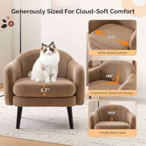 VINGLI 30.3" Wide Modern Barrel Accent Armchairs Set of 2 with Track Armrest, Solid Wooden Legs, Comfy Upholstered Club Chairs, Single Home Sofa for Living Room, Bedroom, Reading Room, Corduroy Khaki