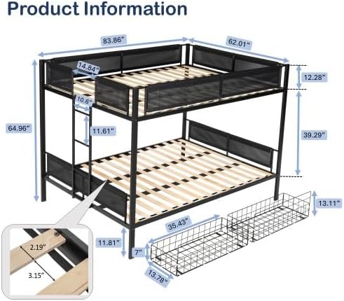 PVWIIK Queen Over Queen Bunk Bed for Teens,Black
