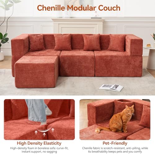 MONVANE 103'' Modular Sectional Sofa, Cloud Sectional Couch with Ottoman, Convertible Chenille L Shaped Couch with Deep Seat, Sectional Couches for Living Room Bedroom, No Assembly Required, Rust Red