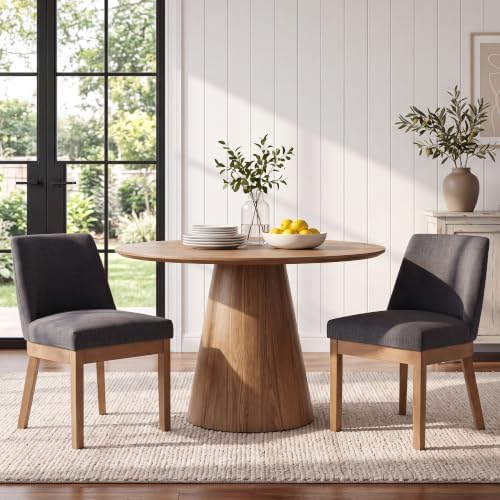 Charcoal Linen Fabric Dining Chairs Set of 2 with Comfortable Back Support