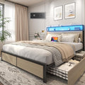 Lifezone Queen Bed Frame with 2-Tier Storage Headboard, Metal Platform Bed Frame with 4 Storage Drawers, Built in Charging Station & LED, Noise-Free/Metal Support/No Box Spring Needed, Beige
