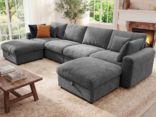 Ihanherry 141" Oversized Cloud Sectional Couches for Living Room, Modular Sectional Sofa with Wide Deep Seat, U Shaped Couch with Throw Pillow and Storage Ottoman, Dark Grey