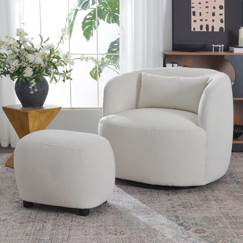 KINWELL 34" Wide 2 Boucle Swivel Barrel Chairs and 2 Ottomans Set, Beige