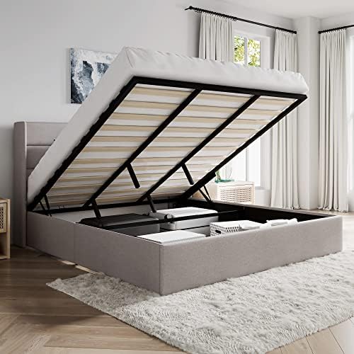 SHA CERLIN King Size Lift Up Hydraulic Storage Bed Frame Light Beige
