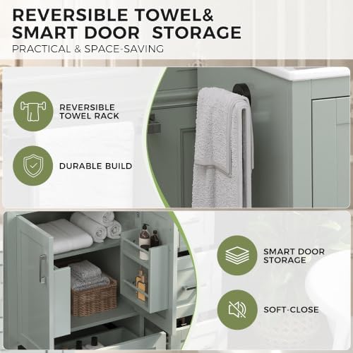 LUMISOL 42 Inch Bathroom Vanity with Ceramic Sink, Modern Freestanding Bathroom Cabinet with 4 Drawers, 2 Soft-Close Doors, Door Racks, Towel Rack, Solid Wood Frame, Mint Green