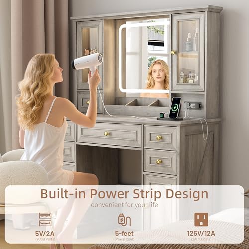 Vanity Desk with Mirror & Lights, Makeup Vanity with Power Outlet & USB Ports, Farmhouse Dressing Table, 6 Drawers & 4 Storage Cabinets, RGB Cabinet Lighting, 3-Color Dimmable Mirror