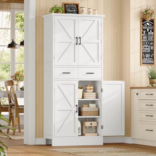 TEENFON Farmhouse Pantry Cabinet, 66.9″H Tall Kitchen Storage Cabinet with Barn Doors, Adjustable Shelves & Drawer, Freestanding Cupboard for Kitchen, Dining Room, Living Room, Bathroom, White