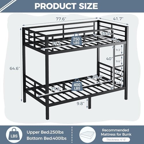 Bunk Bed Twin Over Twin, Heavy Duty Metal Twin Bunk Beds for Teens and Adults, Noise-Free Design Bunkbeds with Ladder, Guardrail for Bedroom, Dorms and Apartment, No Box Spring Required, Black
