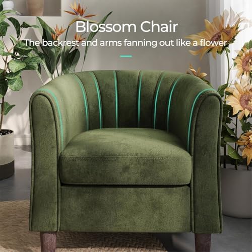 LINSY Accent Chair with Ottoman, Modern Barrel Chair Small Armchair Reading Chair with Footrest, Comfy Round Arms Chair for Living Room Bedroom Reading Room, Velvet, Dark Green