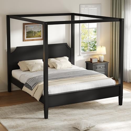 King Size Wood Canopy Bed Frame, Black Vintage Four-Posters Platform Bed Frames with Headboard, 10-Slat Support Wooden Post Beds, 8" Under Bed Storage, Easy Assembly (Black, King, 77" H)