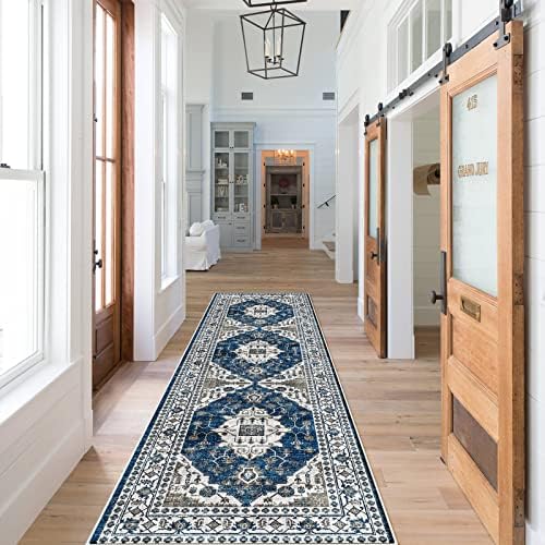 Hallway Washable Runner Rug - 2x7 Kitchen Rugs Entryway Rug Runner Vintage Soft Floor Mat Non Slip Indoor Farmhouse Carpet for Bathroom Living Room Bedroom (2 X 7, Blue)