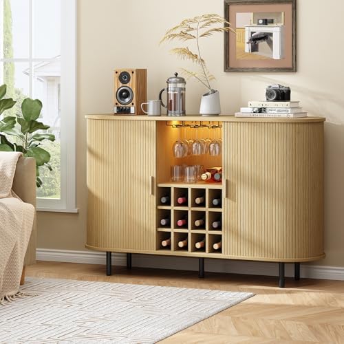 ONBRILL 55" Fluted Wine Bar Cabinet with LED Light Oak