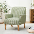 HUIMO Linen Fabric Accent Chair, Mid-Century Modern Upholstered Armchair with Solid Wood Legs, Comfy Reading Club Chair for Living Room Bedroom (1, Green and White Stripe)