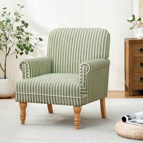 HUIMO Linen Fabric Accent Chair, Mid-Century Modern Upholstered Armchair with Solid Wood Legs, Comfy Reading Club Chair for Living Room Bedroom (1, Green and White Stripe)