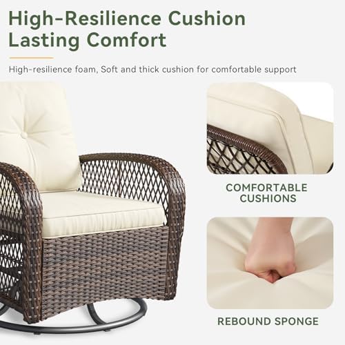 Aoxun 3 Pieces Patio Furniture Set, Patio Swivel Rocker Chairs Set of 2, Wicker Outdoor Bistro Set with Rocking Chair, Thickened Cushions and Table for Porch (Beige)