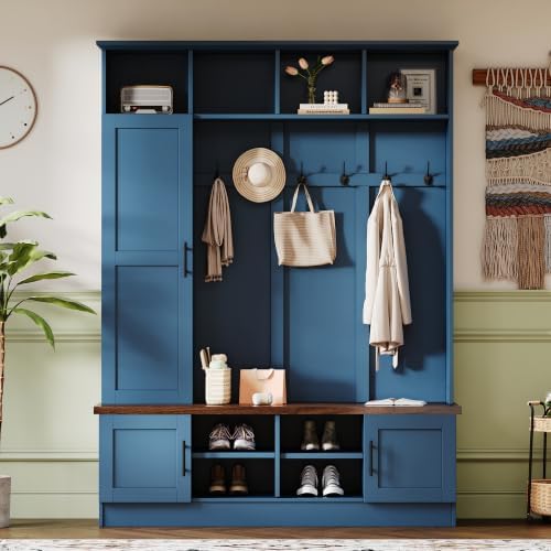 Merax Farmhouse Wood Hall Tree with 6 Hooks and Shoe Storage Bench, Blue