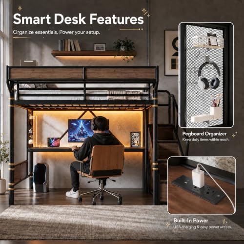 KEIKI Queen Size Metal Loft Bed Frame with Staircase & Built-in Desk & Wardrobe, Loft Bed with Pegboard & Mesh Storage Baskets & Slats, No Box Spring Required, Easy Assembly, for Bedroom, Black