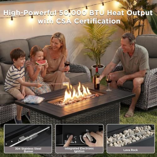 Luxury Patio Furniture Set with Fire Pit Table-4 Pieces High Back Wicker Swivel Rocker Chairs with 6" Extra Thick Cushions, Outdoor Patio Conversation Sets for Deck Garden(Grey/Grey)