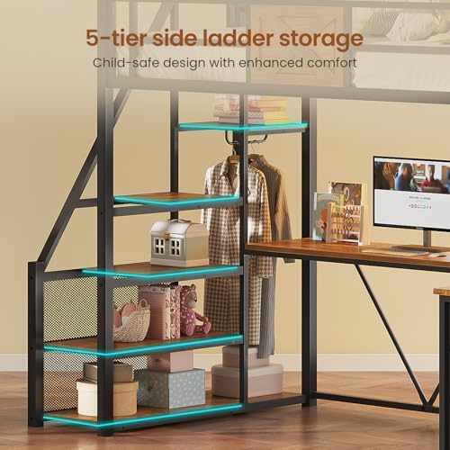 Itaar Stairway Twin Size Loft Bed with L Shaped Desk and Wardrobe, Metal Loft Bed Frame with Storage Stairs, 3 Fabric Drawers, LED Lights & Charging Sation (Rustic Brown, Twin)