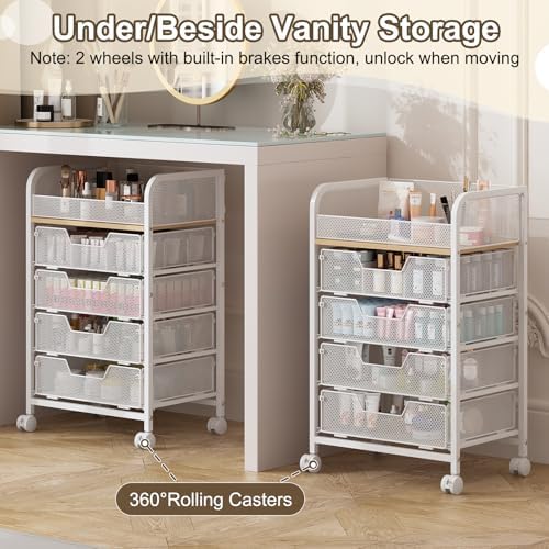 Hongtamoya Makeup Cart Organizer with 4 Drawers, Rolling Makeup Cart, White | Large Floor Skincare Vanity Organizers Cosmetics Display Cases Makeup Storage Cart for Skin Care Perfume Nail Polish