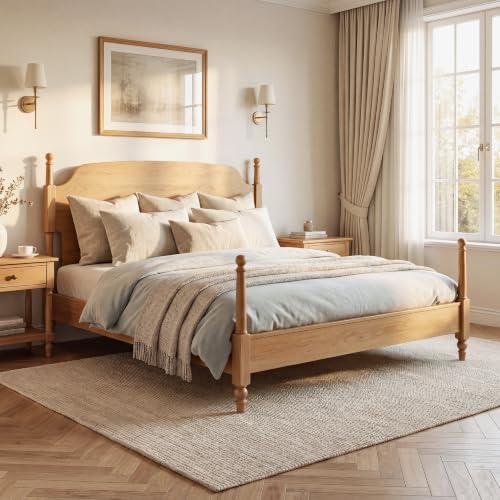 Christopher Knight Home Kane Wooden King Bed Frame with Headboard, Farmhouse King Size Bed Frame and Arched Headboard, 4-Poster King Bedframe with Slats Support, No Box Spring Needed, Natural