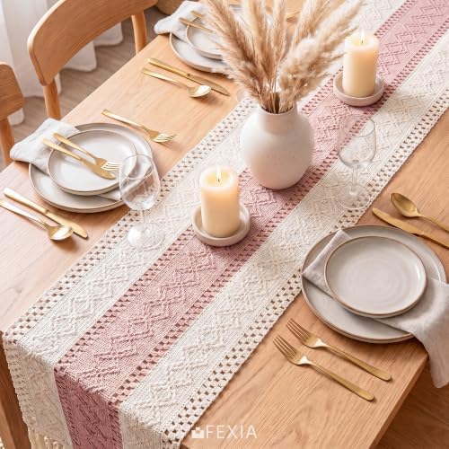 FEXIA Boho Table Runner with Tassels for Home Decor 12x72 Inches Pink