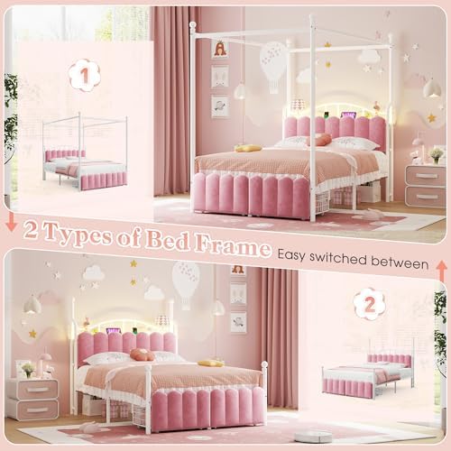 Homkdom Full Canopy Bed Frame with 2 Drawers and LED & Charging,Pink