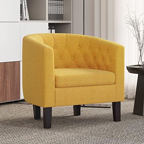 BELLEZE Yellow Accent Chairs for Living Room, Set of 2 Elegant Arm Chairs, Upholstered Tufted Barrel Chairs Club Chairs for Bedroom with Sturdy Legs and Linen Fabric - Berlinda (Yellow)