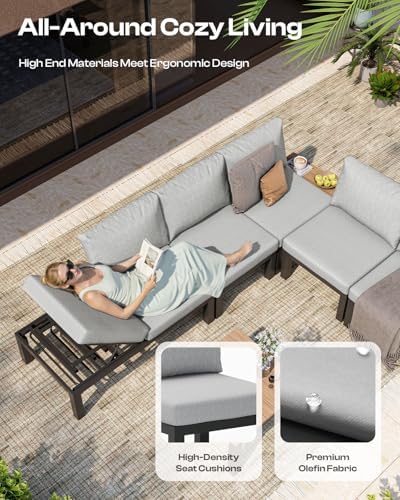 Aluminum Outdoor Patio Sofa Set, 2 Seats Modular Sectional Single Seat Sofa Chairs with Removable Cushions, All-Weather Outdoor Conversation Sets for Garden & Yard, Gray