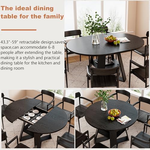 43.3"-59" Extendable Round Oval Dining Table for 4-8 with Storage Shelf