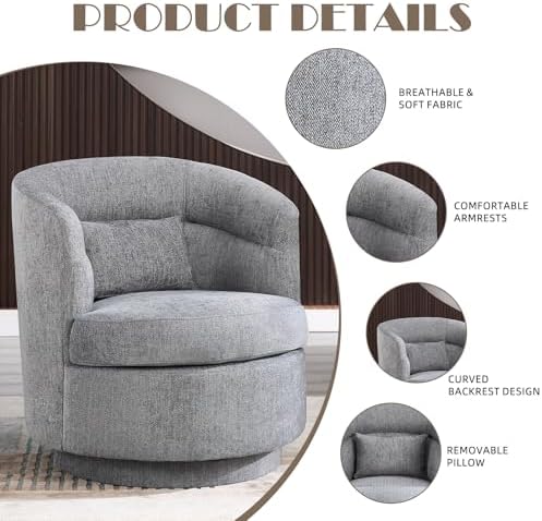 CANMOV Swivel Accent Chair, 360 Degree Round Swivel Barrel Chair with Pillow, Upholstered Comfy Barrel Armchair Single Club Sofa Chair for Living Room,Bedroom, Reading Room, Dark Grey